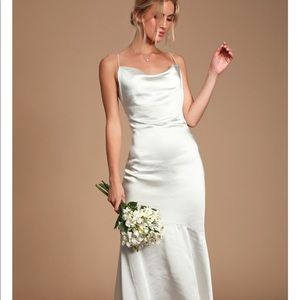 Elliat Aisle White Satin Cowl Neck Maxi Wedding Dress